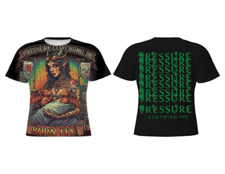"BORN FLY"Check out this eye-catching black t-shirt!