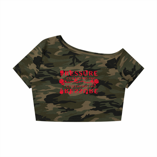 """Women's Camo Off-Shoulder Crop T-Shirt