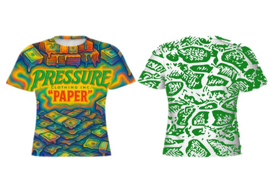 Make a statement with the "Pressure Paper" Graphic Tee! This eye-catching, all-over print shirt explodes with vibrant colors and a mesmerizing money-themed design. Featuring the bold "PRESSURE CLOTHING INC." and "PAPER" text, this tee is for those who aren't afraid to stand out. It's a wearable work of art that's sure to turn heads and spark conversations.